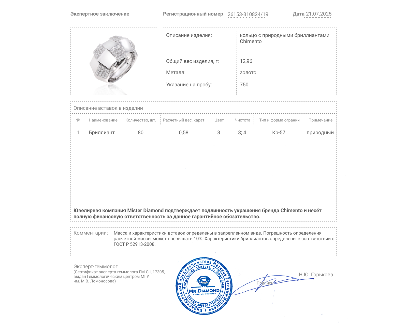 Оригинальное золотое кольцо с бриллиантами 0.58ct Chimento