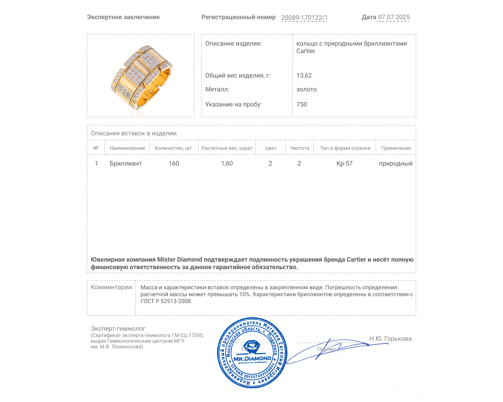 Оригинальное золотое кольцо с бриллиантами 1.60ct Cartier Tank Francaise