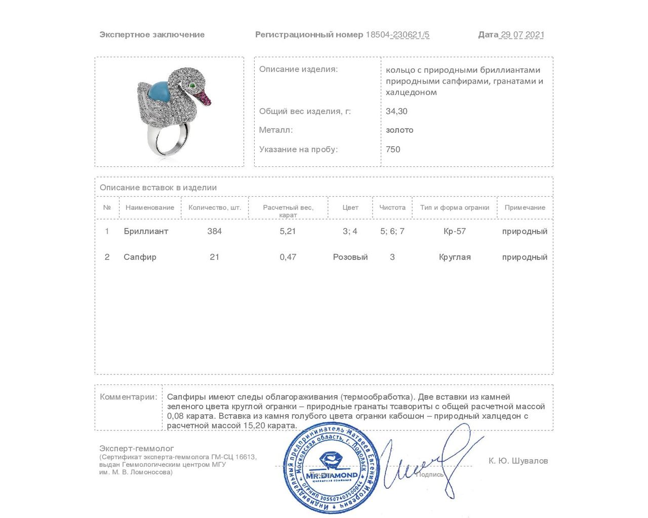 Шикарное золотое кольцо с голубым халцедоном 15.20ct