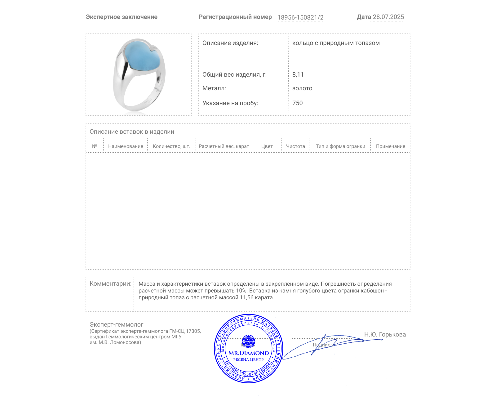 Превосходное золотое кольцо с топазом 11.56ct