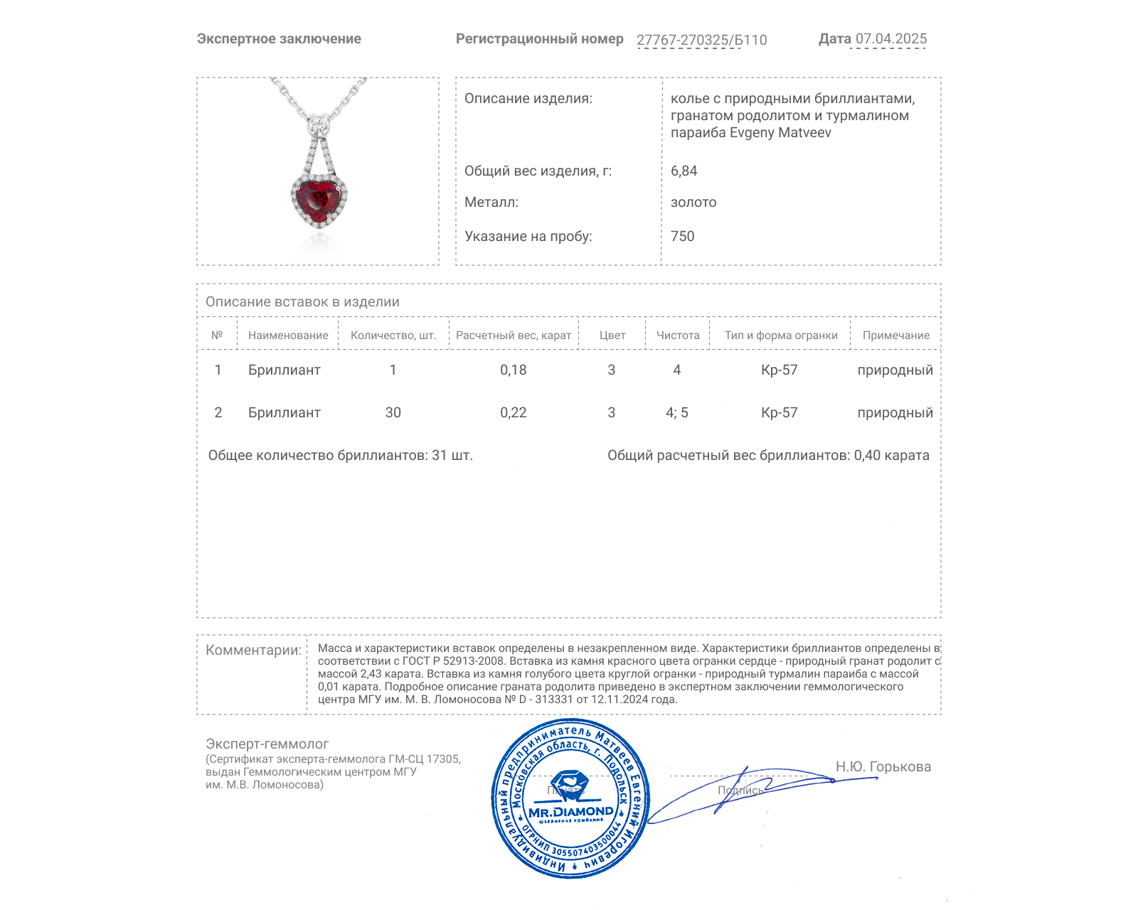 Золотое колье с гранатом родолитом 2.43ct Evgeny Matveev