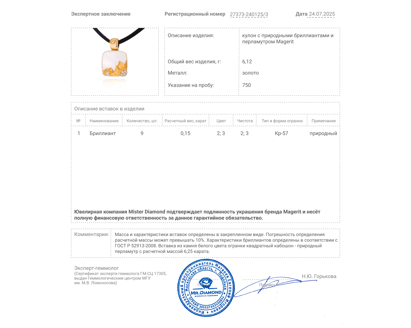 Оригинальная золотая подвеска с перламутром Magerit