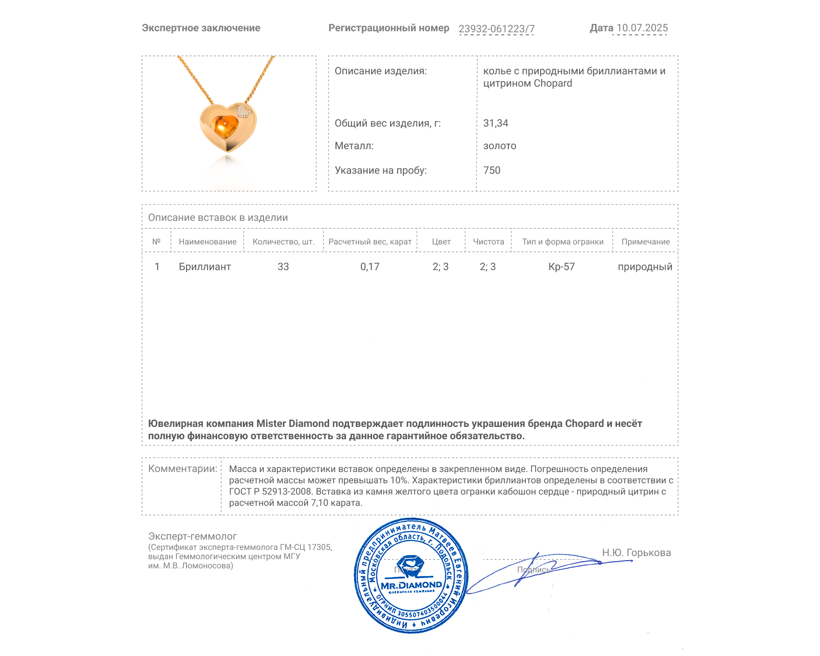 Оригинальное золотое колье с цитрином 7.10ct Chopard