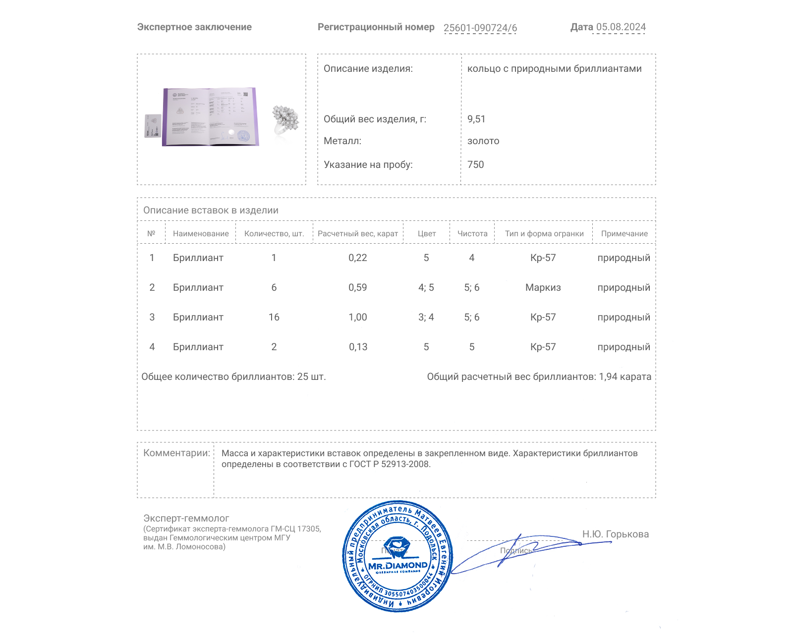Золотое кольцо с бриллиантами 1.94ct