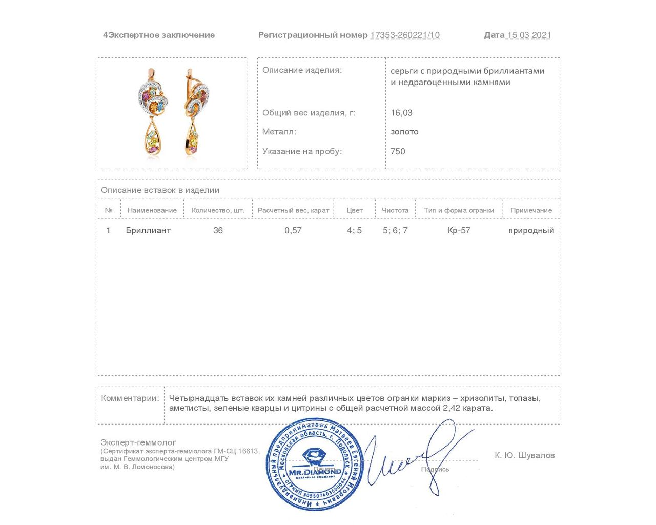Превосходные золотые серьги с цветными камнями 2.42ct