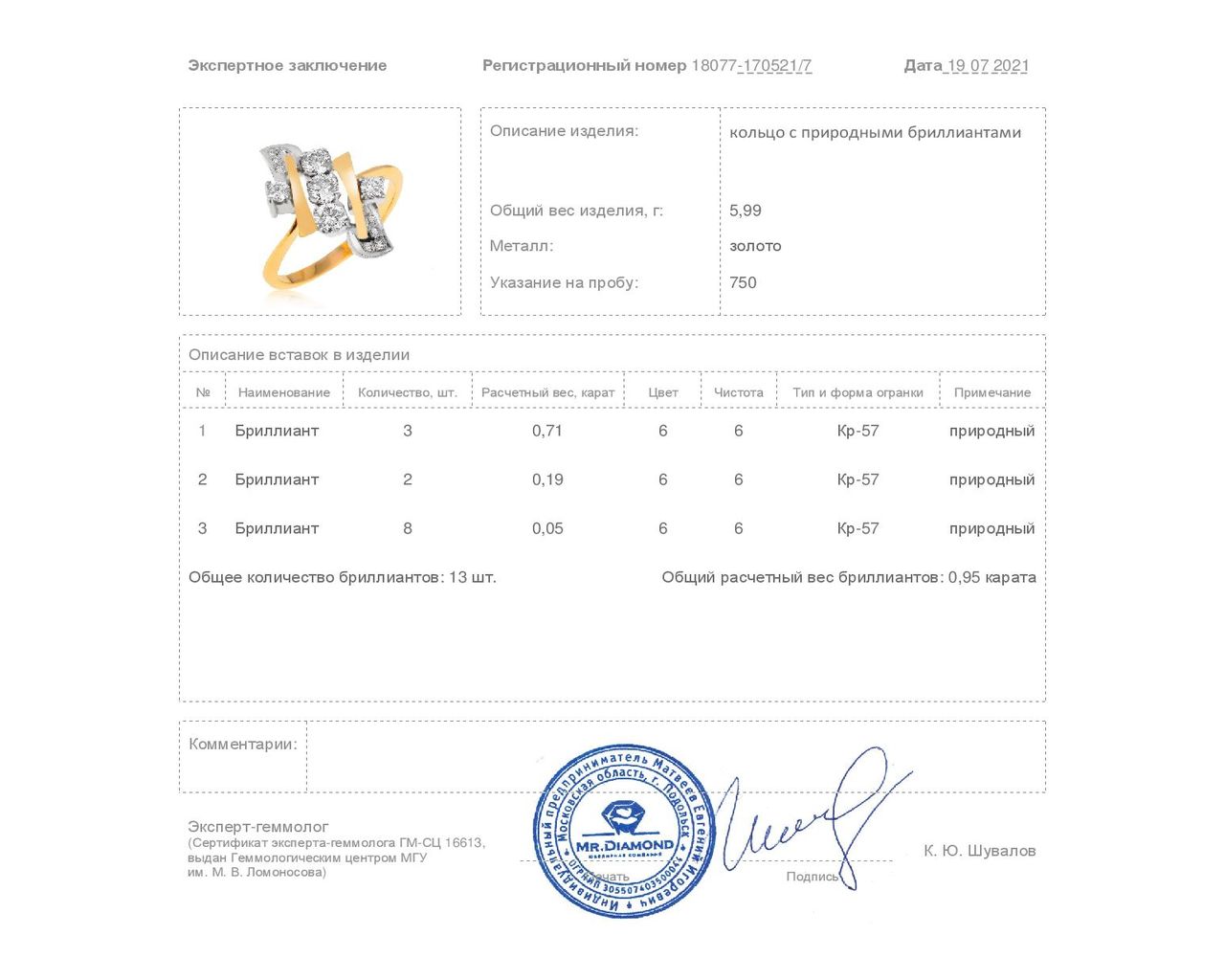 Винтажное золотое кольцо с бриллиантами 0.95ct СССР