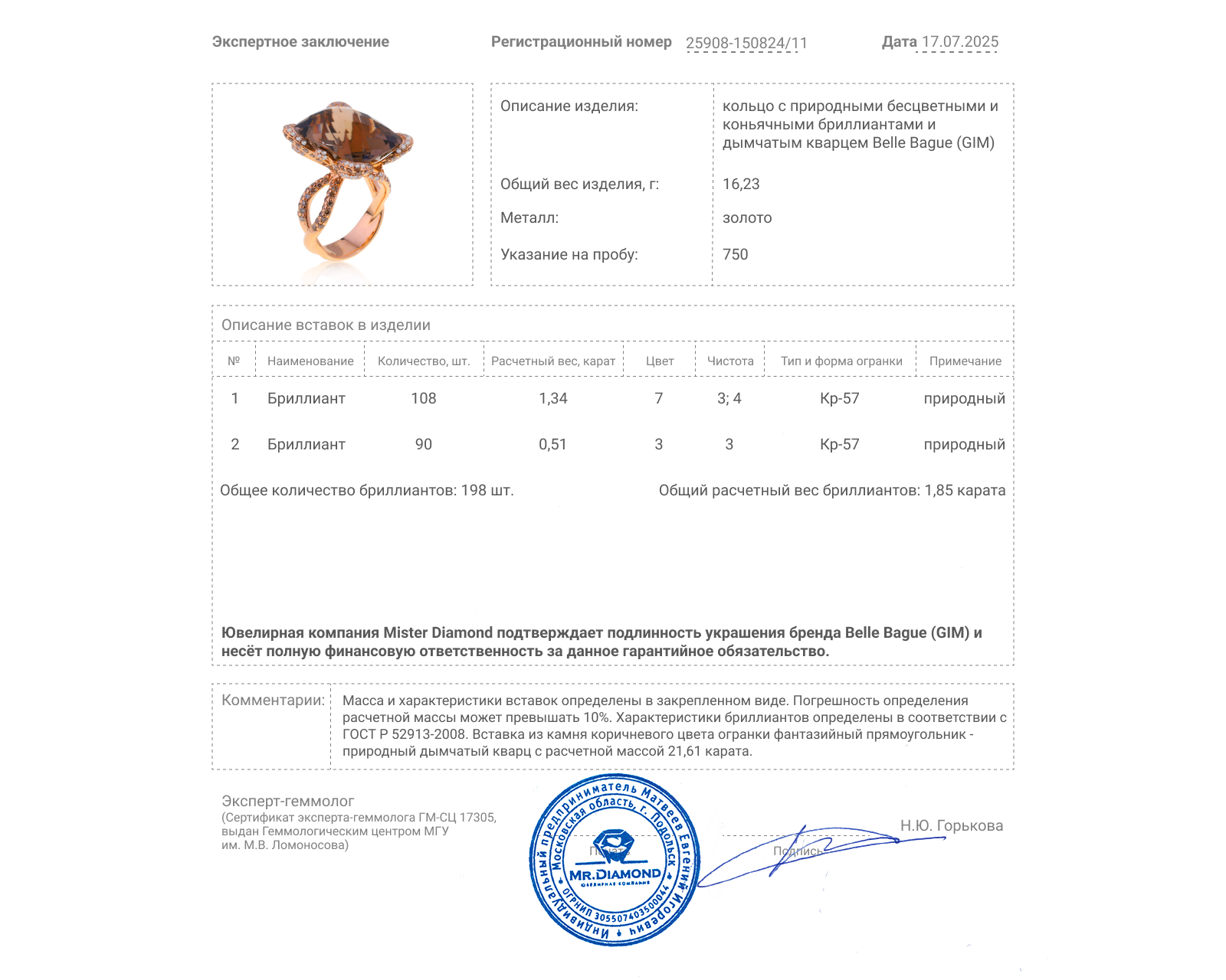 Оригинальное золотое кольцо с кварцем 21.61ct Belle Bague (GIM)