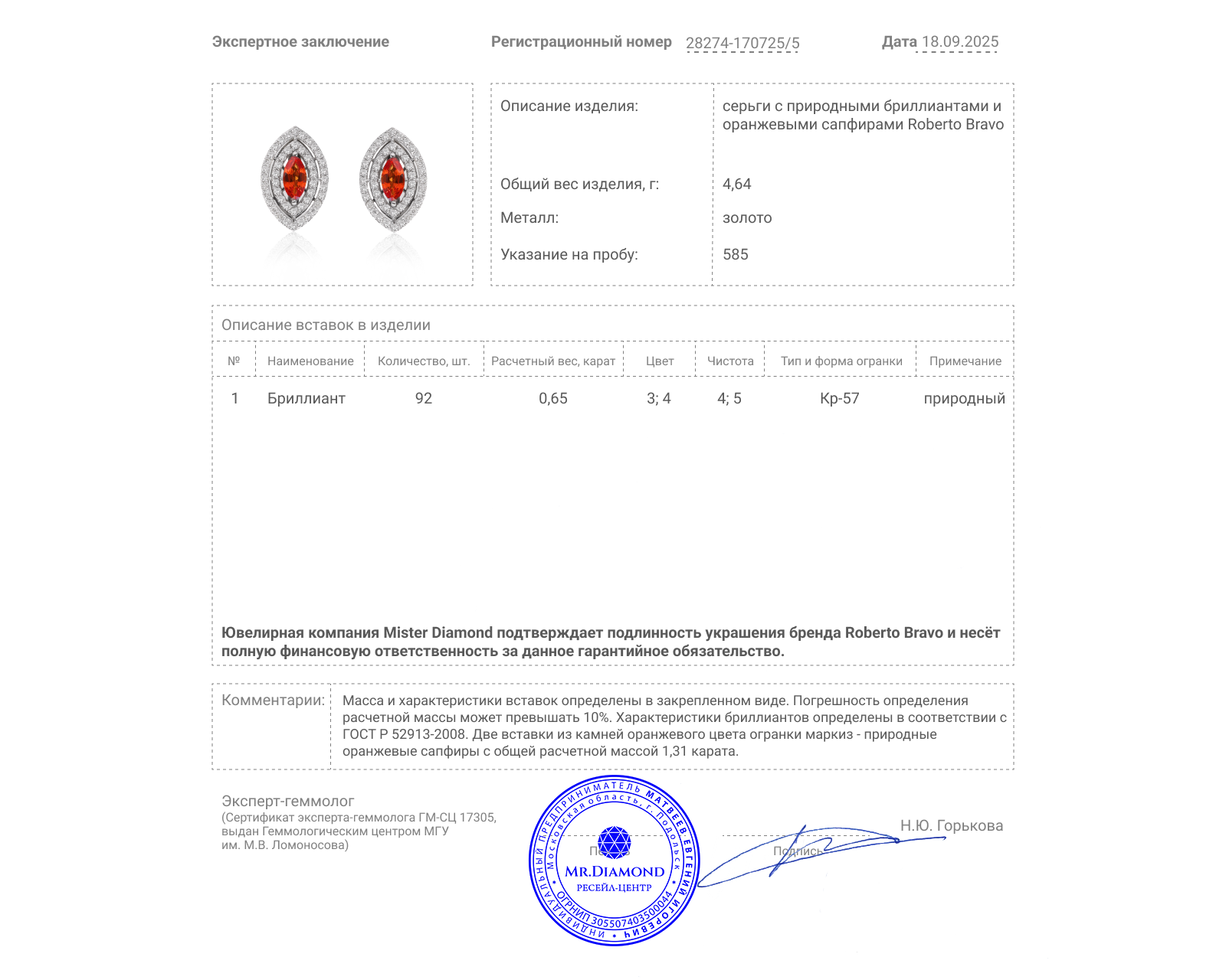 Оригинальные золотые серьги с сапфирами 1.31ct Roberto Bravo