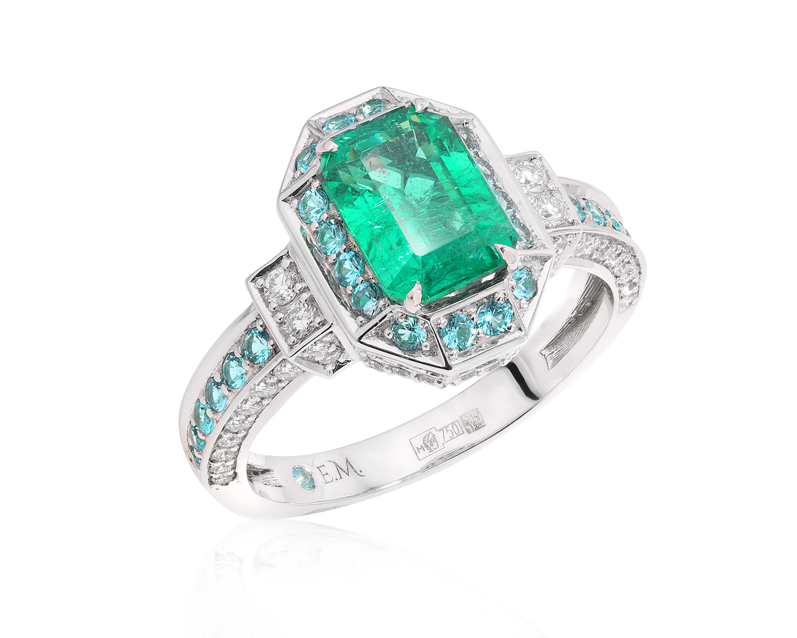 Золотое кольцо с изумрудом 1.71ct и турмалинами параиба 0.90ct Evgeny Matveev 261224/Б129