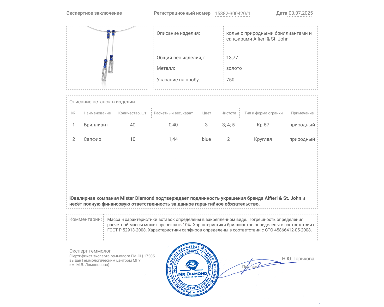 Оригинальное золотое колье с сапфирами 1.44ct Alfieri & St.John