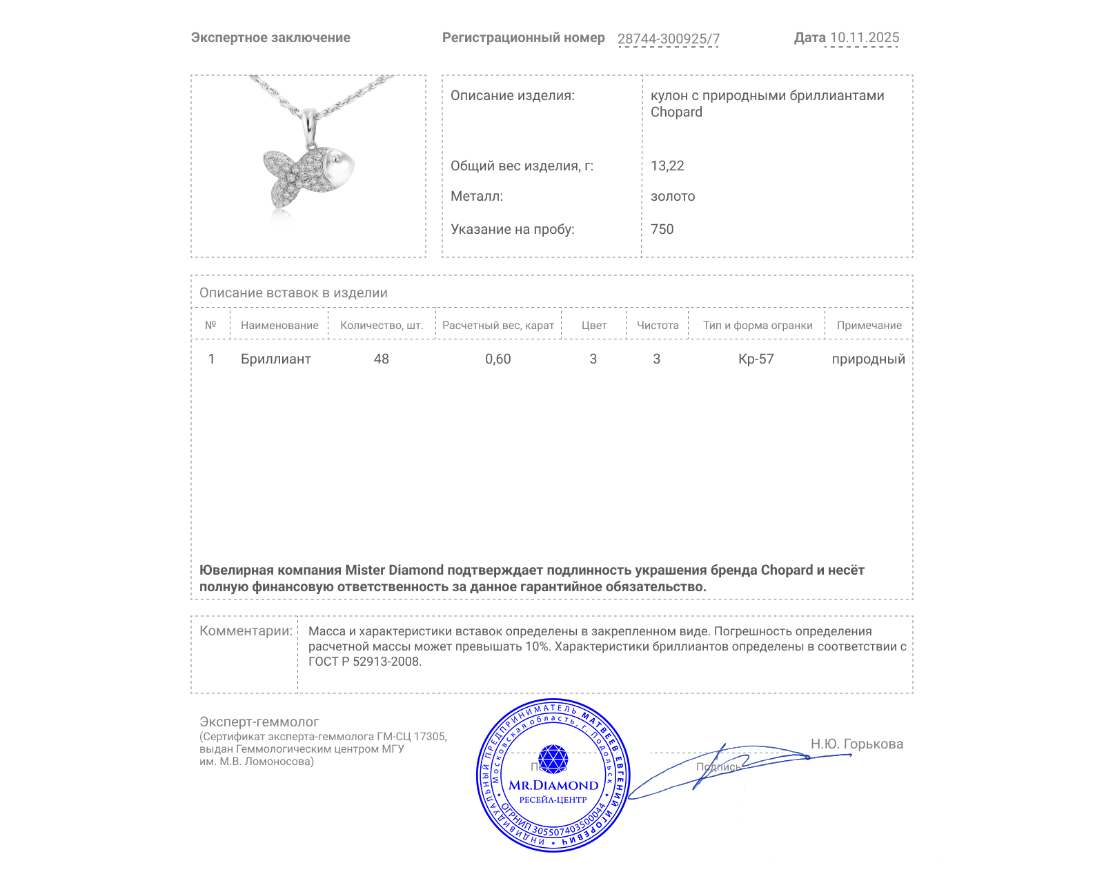 Оригинальный золотой кулон с бриллиантами 0.60ct Chopard Happy Fish