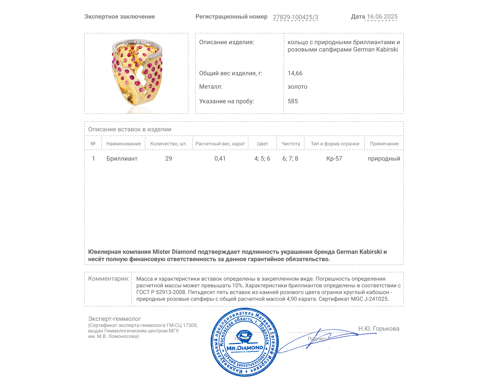 Оригинальное золотое кольцо с розовыми сапфирами 4.90ct German Kabirski