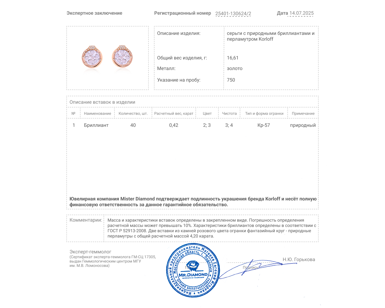 Оригинальные золотые серьги с перламутром 4.20ct Korloff