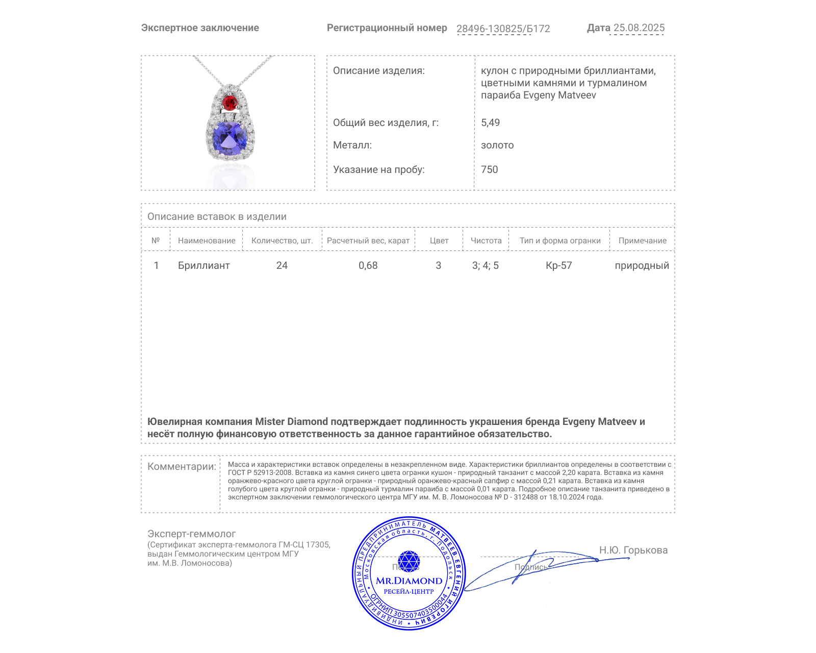 Золотой кулон с танзанитом 2.20ct Evgeny Matveev