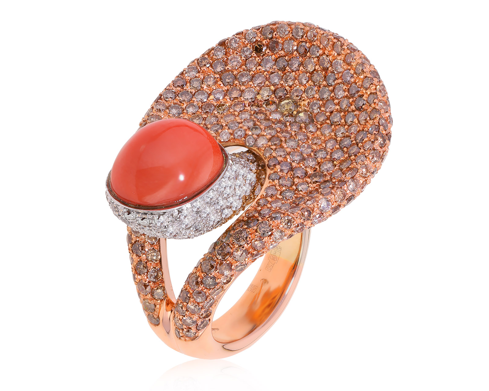 Золотое кольцо с бриллиантами 5.95ct и кораллом 4.60ct