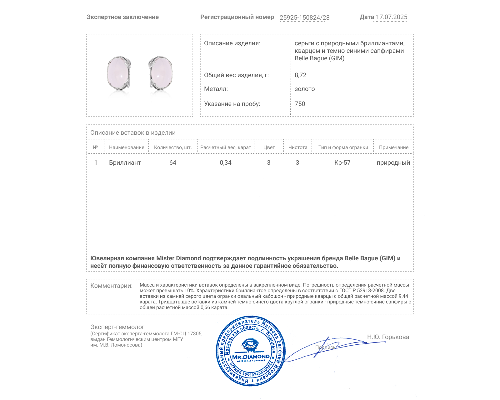 Оригинальные золотые серьги с кварцем 9.44ct Belle Bague (GIM)