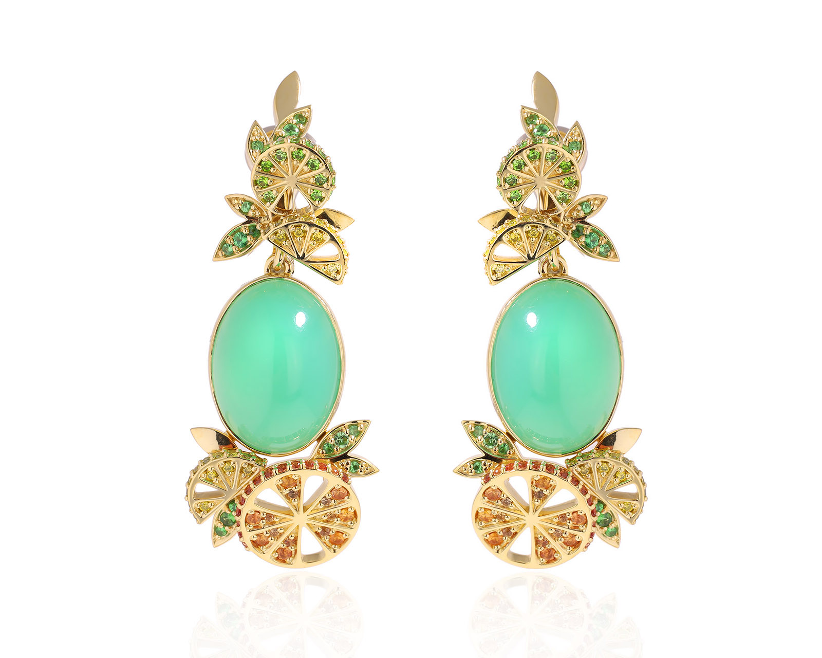 Золотые серьги с хризопразами 18.00ct и тсаворитами 0.82ct