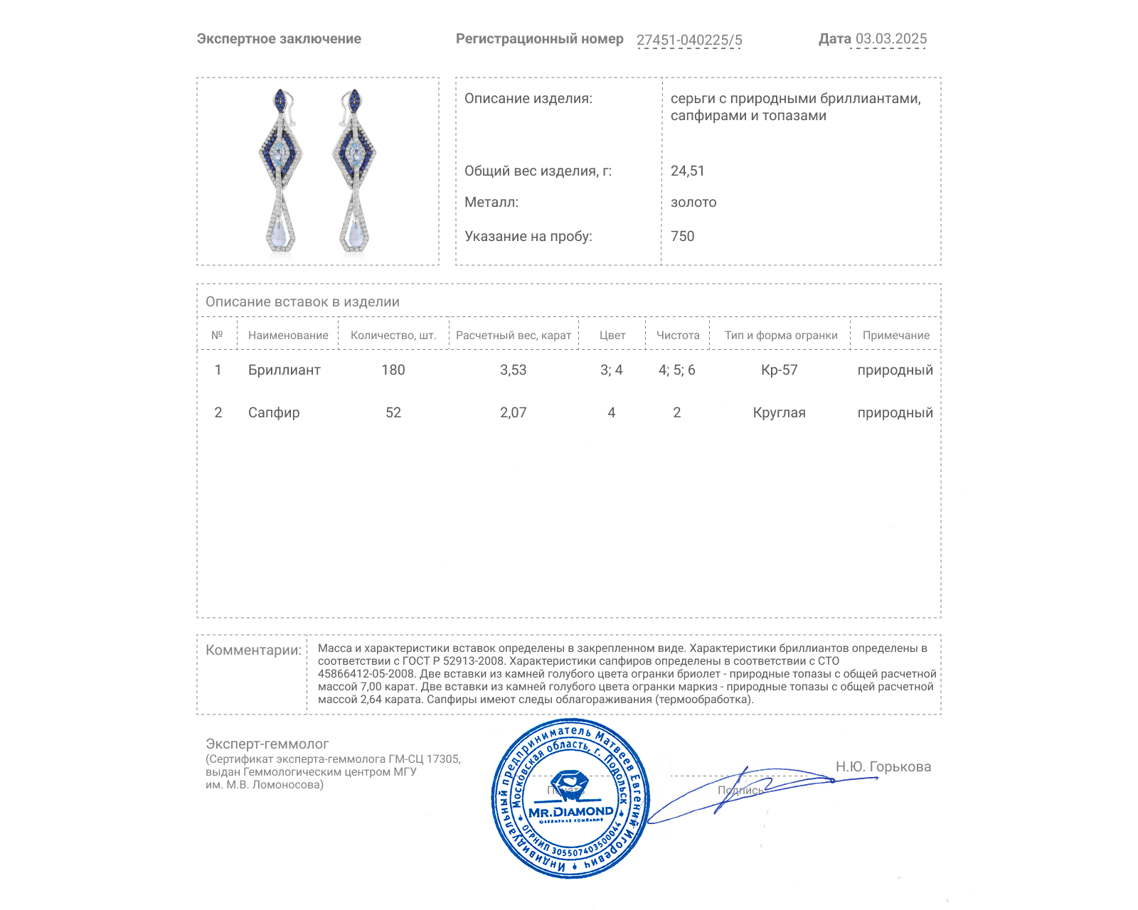 Золотые серьги с топазами 9.64ct и бриллиантами 3.53ct