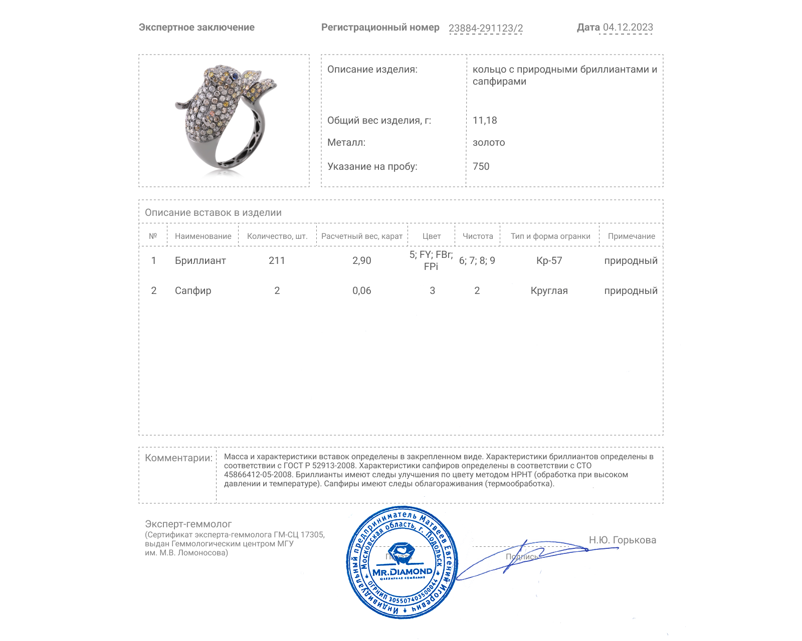 Золотое кольцо с бриллиантами 2.90ct и сапфирами 0.06ct