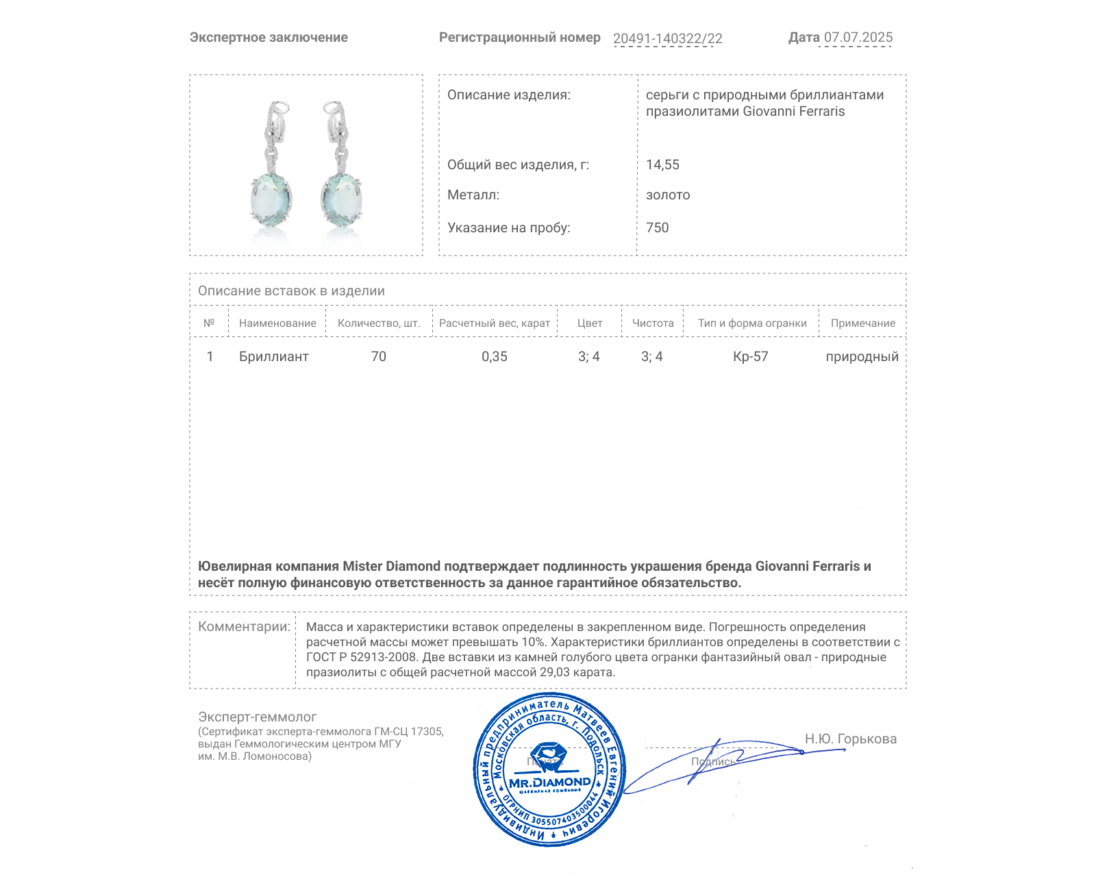 Оригинальные золотые серьги с кварцем 29.03ct Giovanni Ferraris