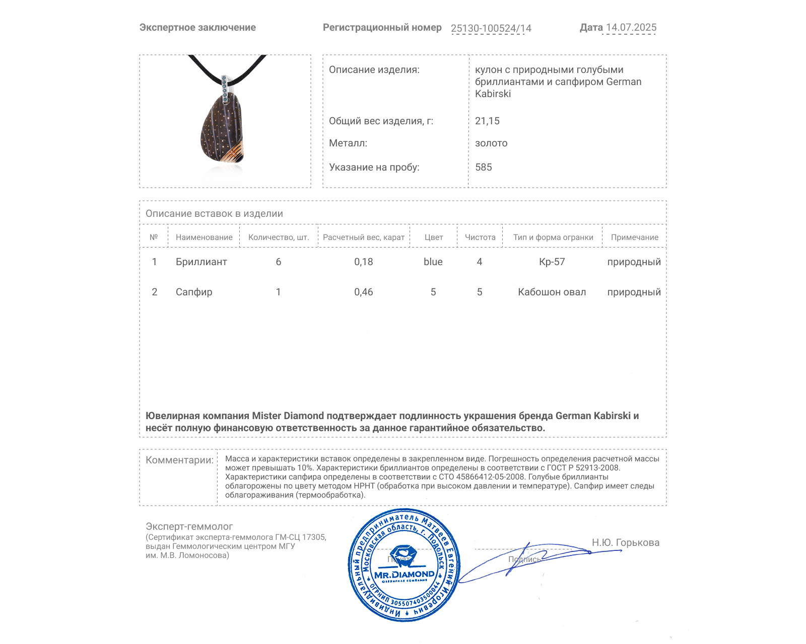 Оригинальный золотой кулон с сапфиром 0.46ct German Kabirsky