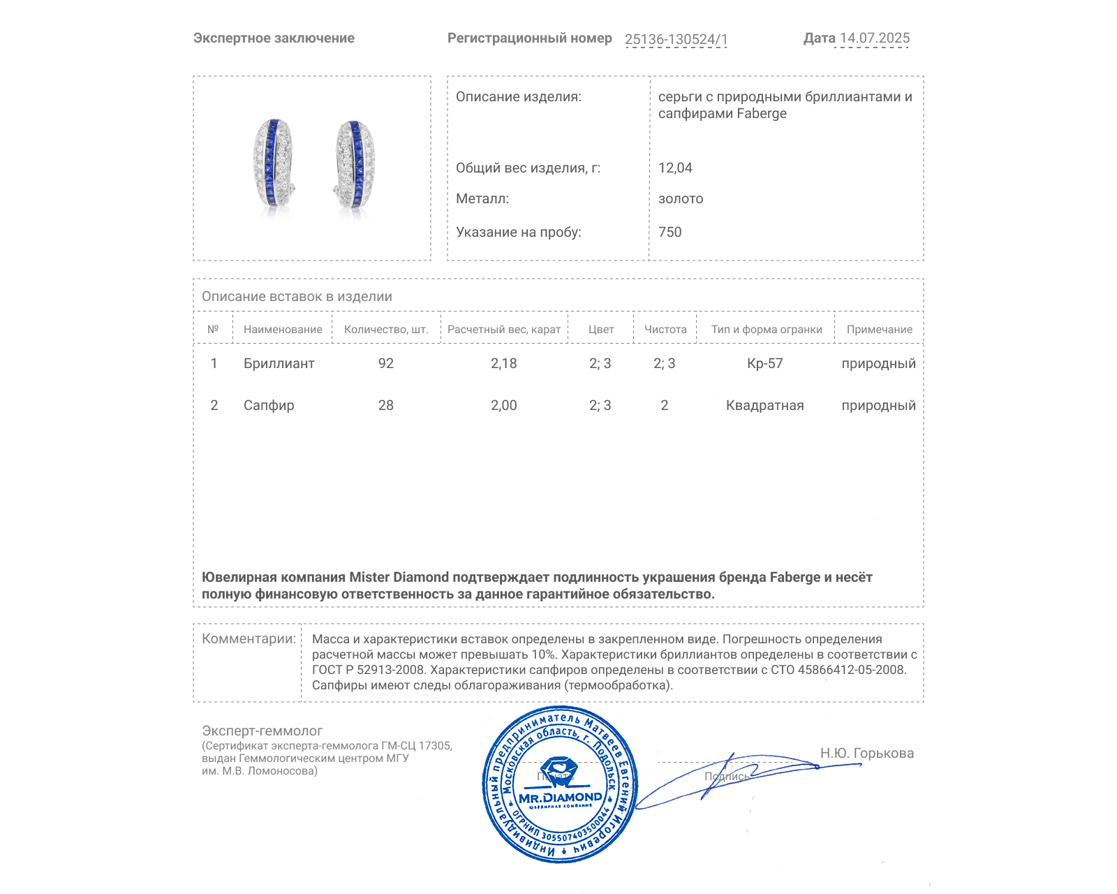 Оригинальные золотые серьги с сапфирами 2.00ct Faberge