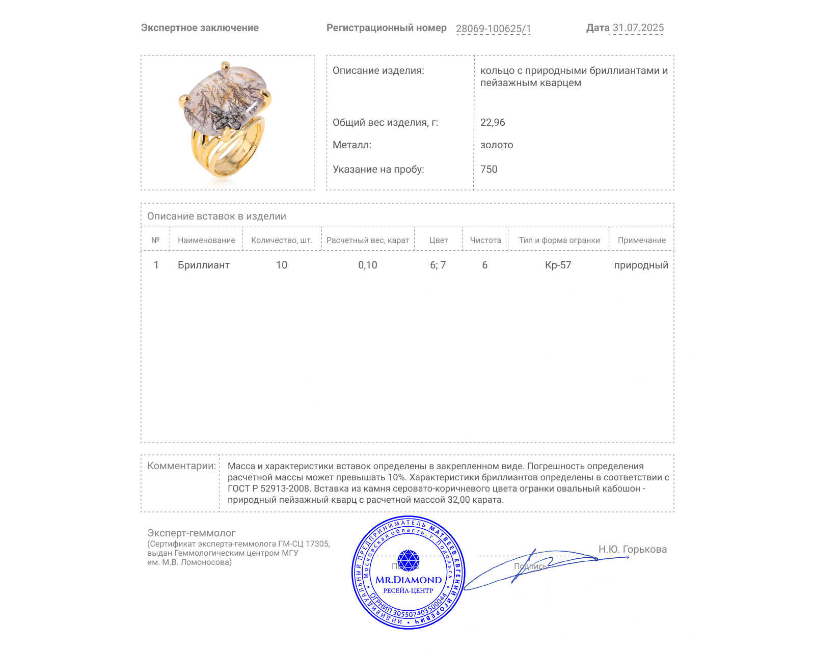 Золотое кольцо с пейзажным кварцем 32.00ct