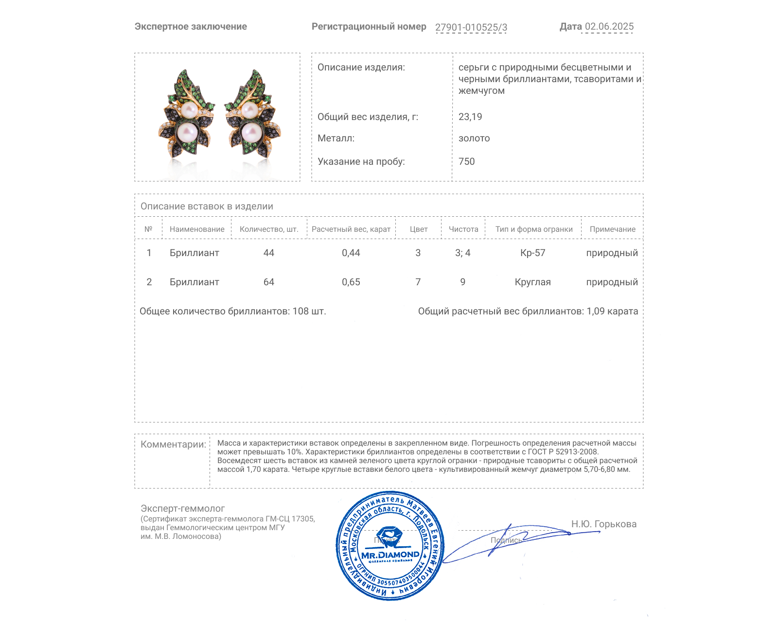 Золотые серьги с жемчугом и тсаворитами 1.70ct