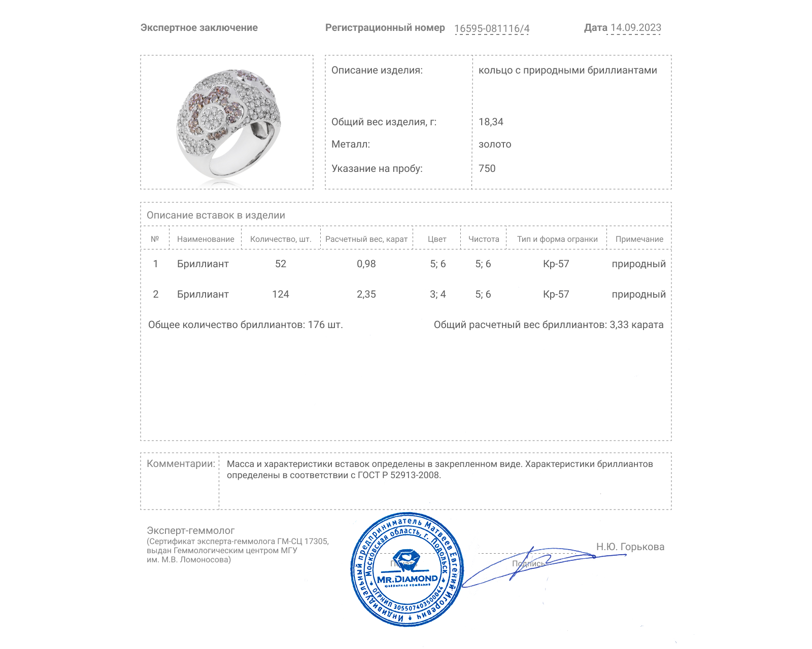 Золотое кольцо с бриллиантами 3.33ct