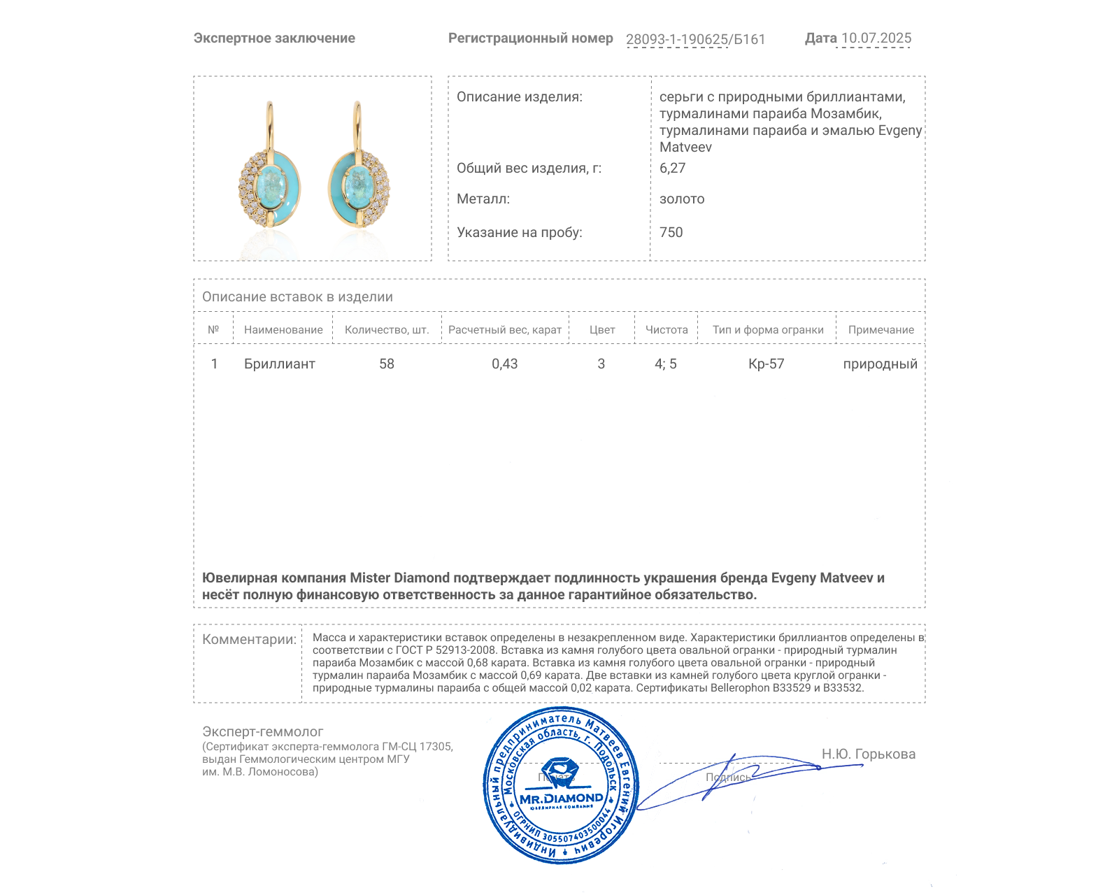 Золотые серьги с турмалинами параиба Мозамбик 1.37ct Evgeny Matveev