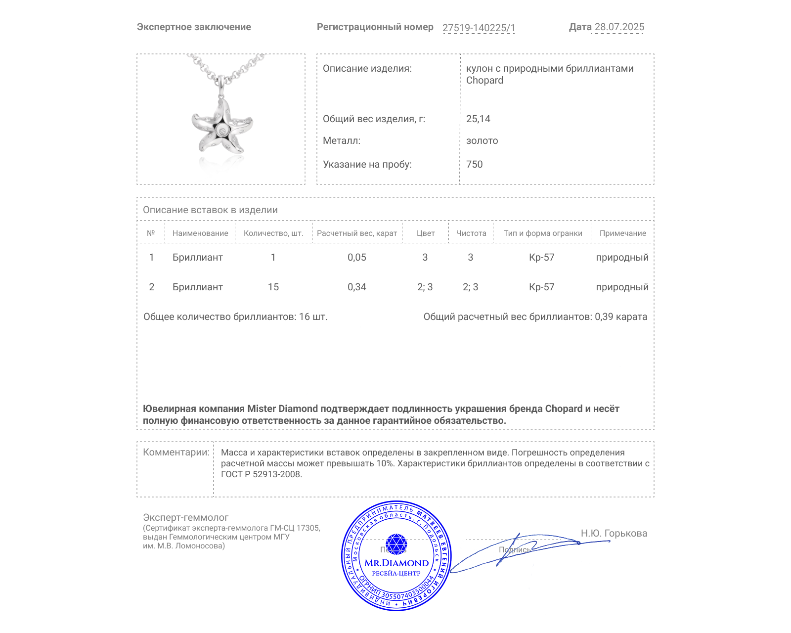 Оригинальный золотой кулон с бриллиантами 0.39ct Chopard Starfish