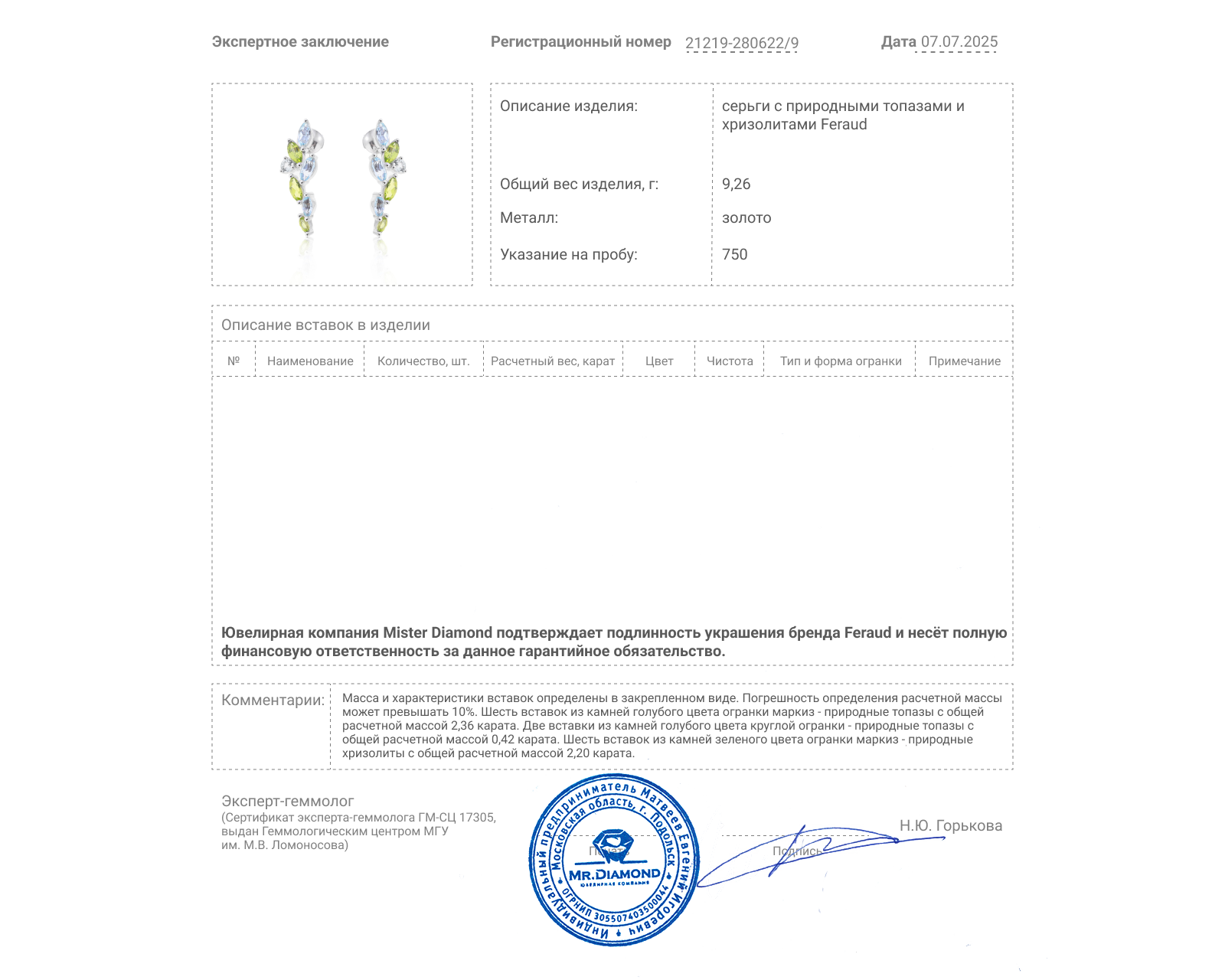 Оригинальные золотые серьги с топазами 2.78ct Feraud