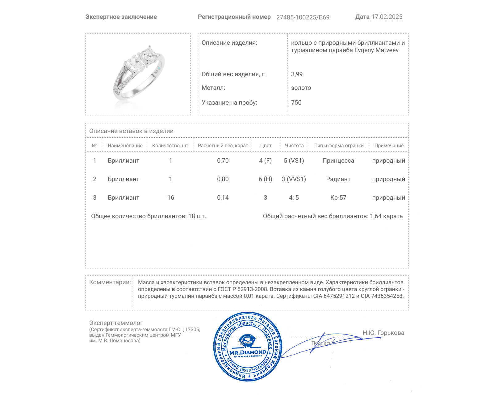Золотое кольцо с бриллиантами 1.64ct Evgeny Matveev