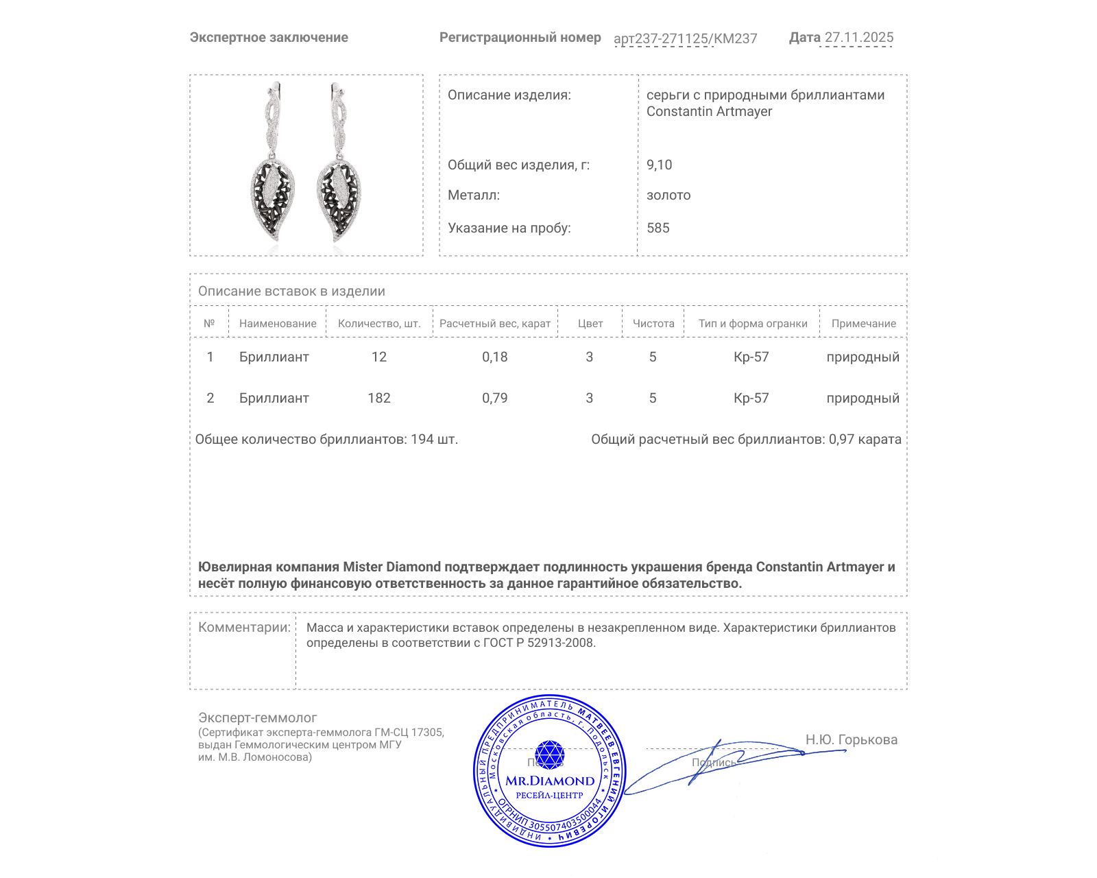 Оригинальные золотые серьги с бриллиантами 0.97ct Constantin Artmayer