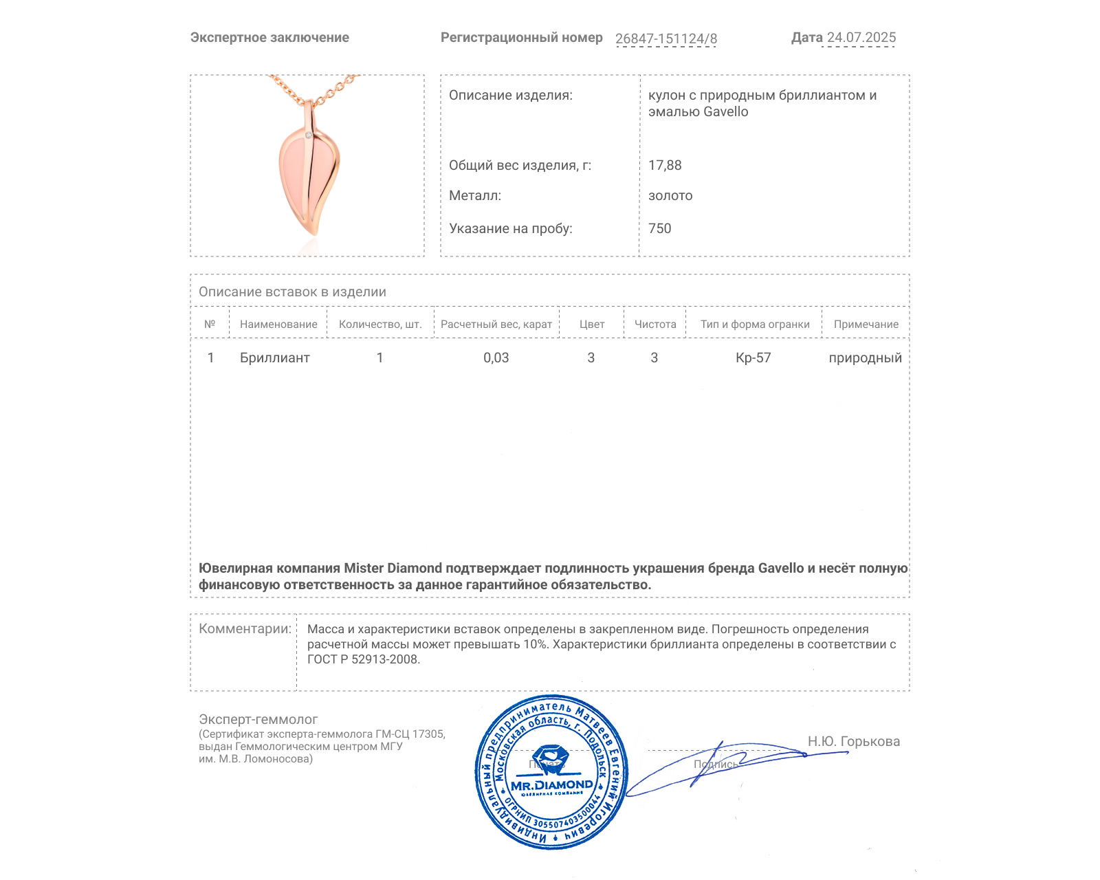 Оригинальный золотой кулон с эмалью Gavello