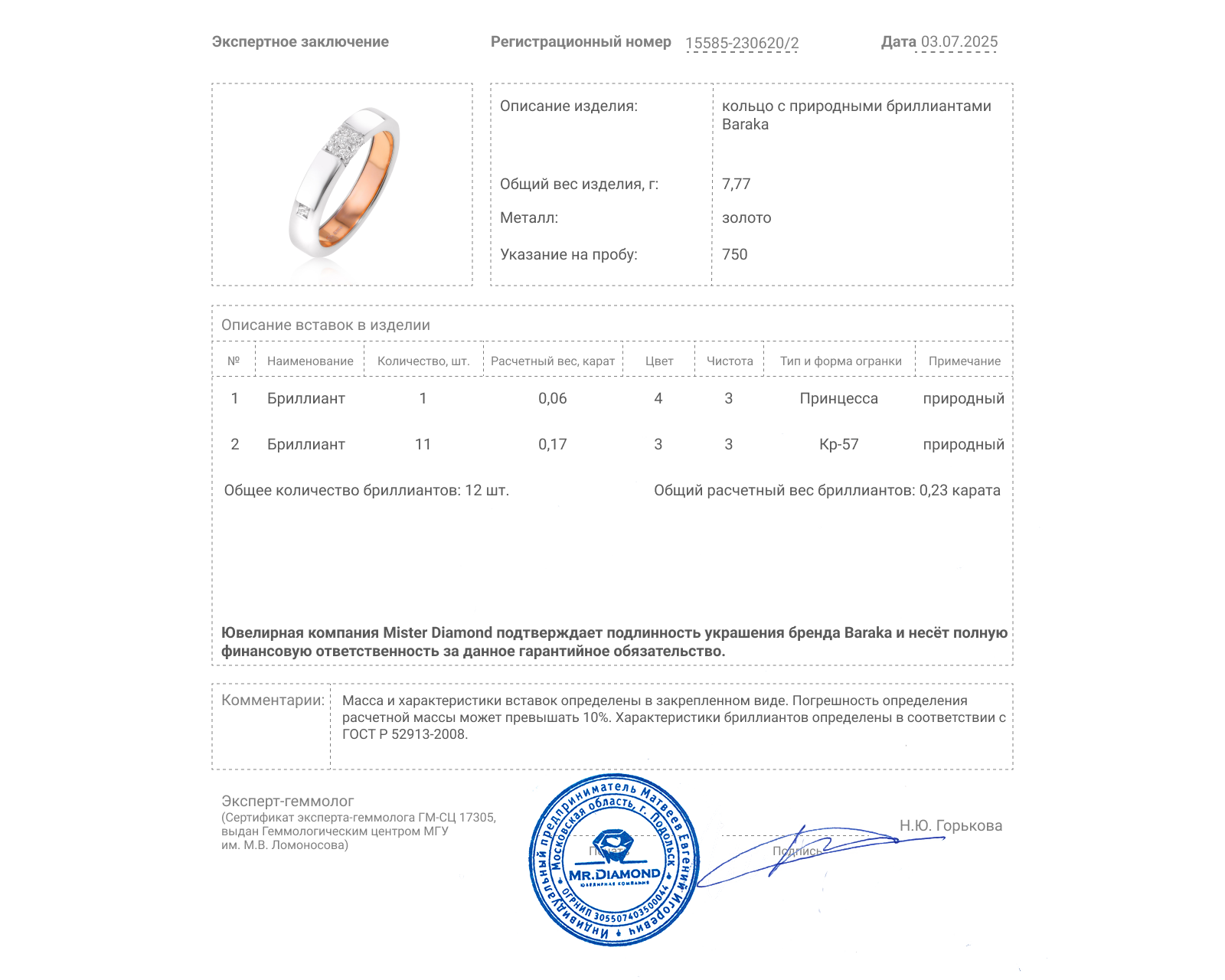 Оригинальное золотое кольцо с бриллиантами 0.23ct Baraka
