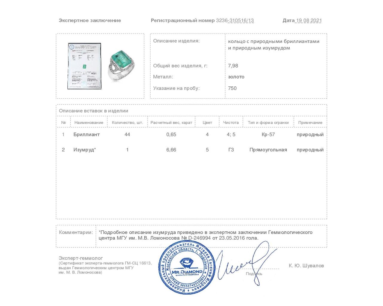 Завораживающее золотое кольцо с изумрудом 6.66ct