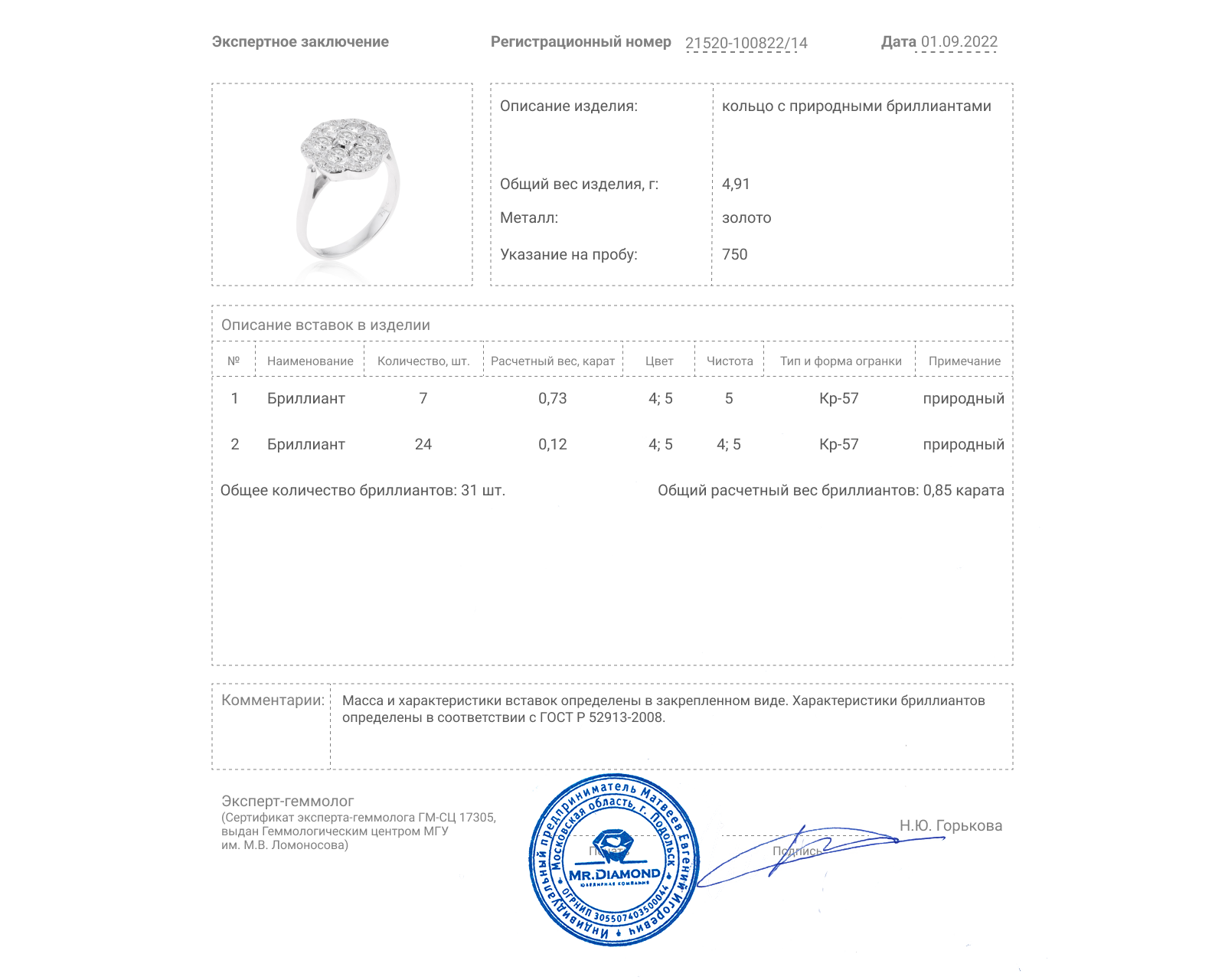 Престижное золотое кольцо с бриллиантами 0.85ct