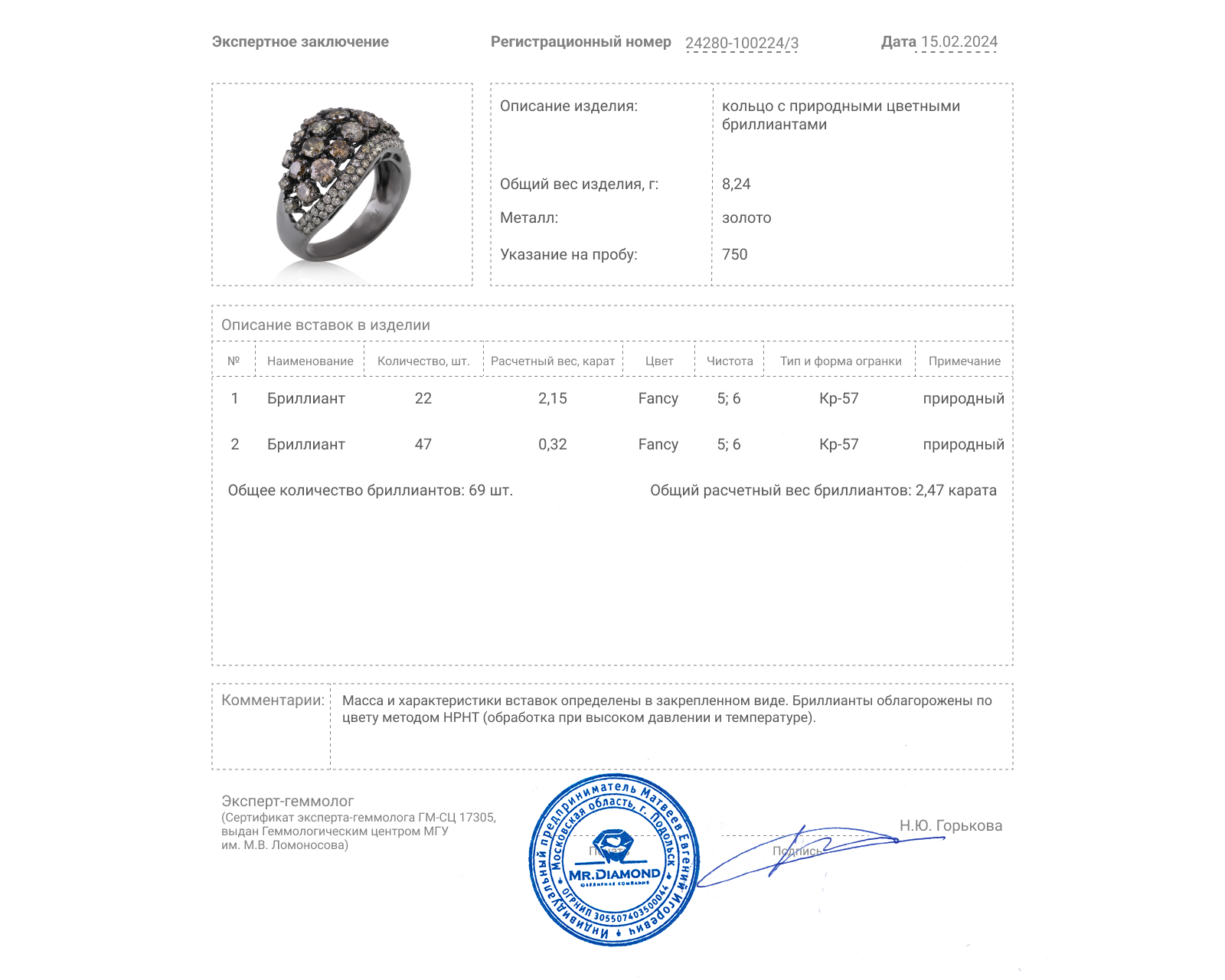 Золотое кольцо с бриллиантами 2.47ct