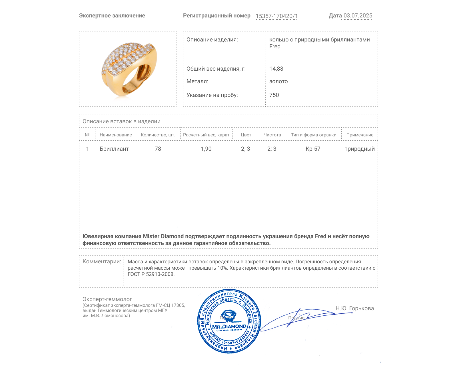 Оригинальное золотое кольцо с бриллиантами 1.90ct Fred