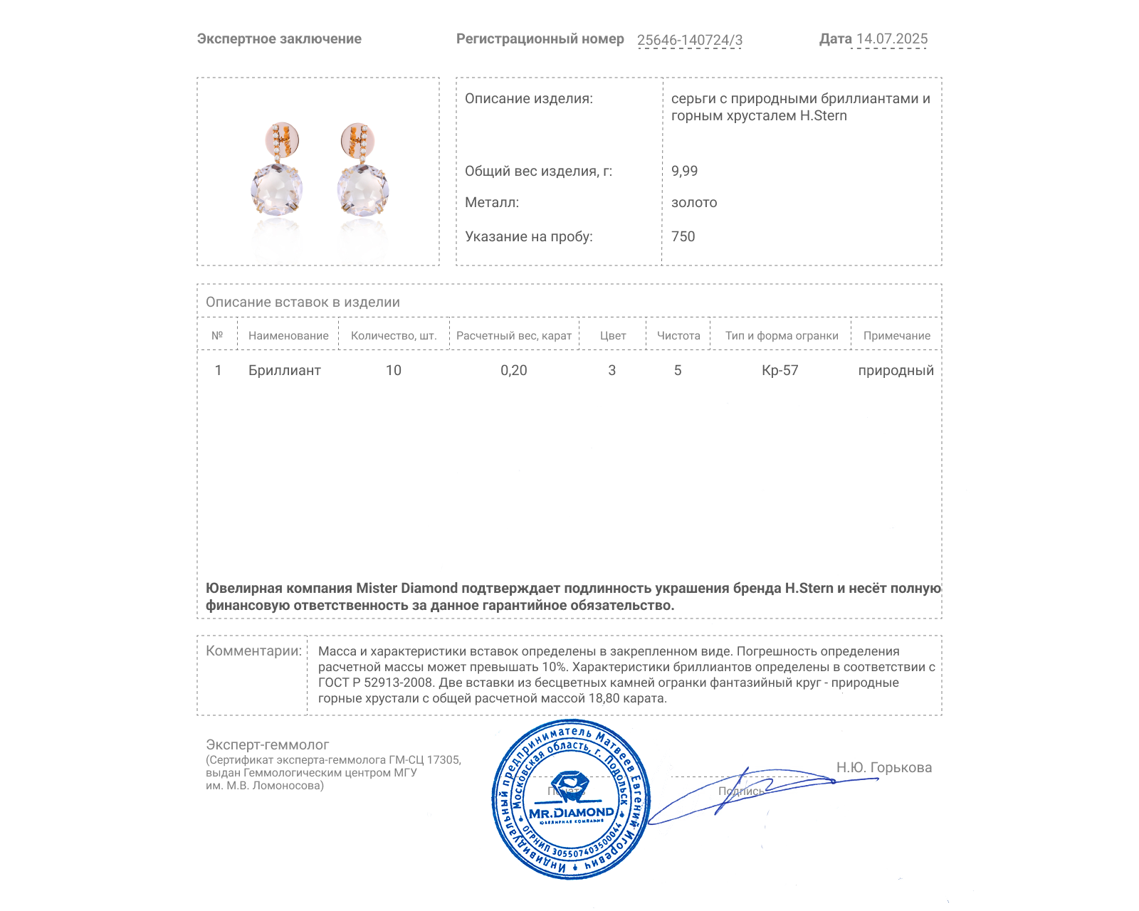 Оригинальные золотые серьги с хрусталем 18.80ct H.Stern