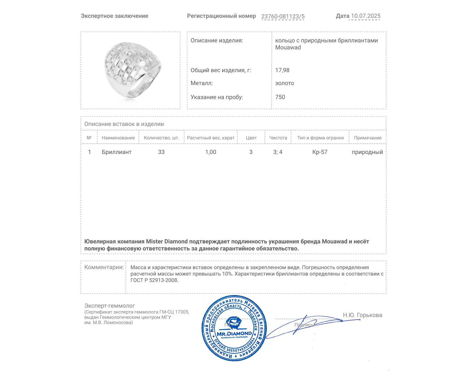 Оригинальное золотое кольцо с бриллиантами 1.00ct Mouawad