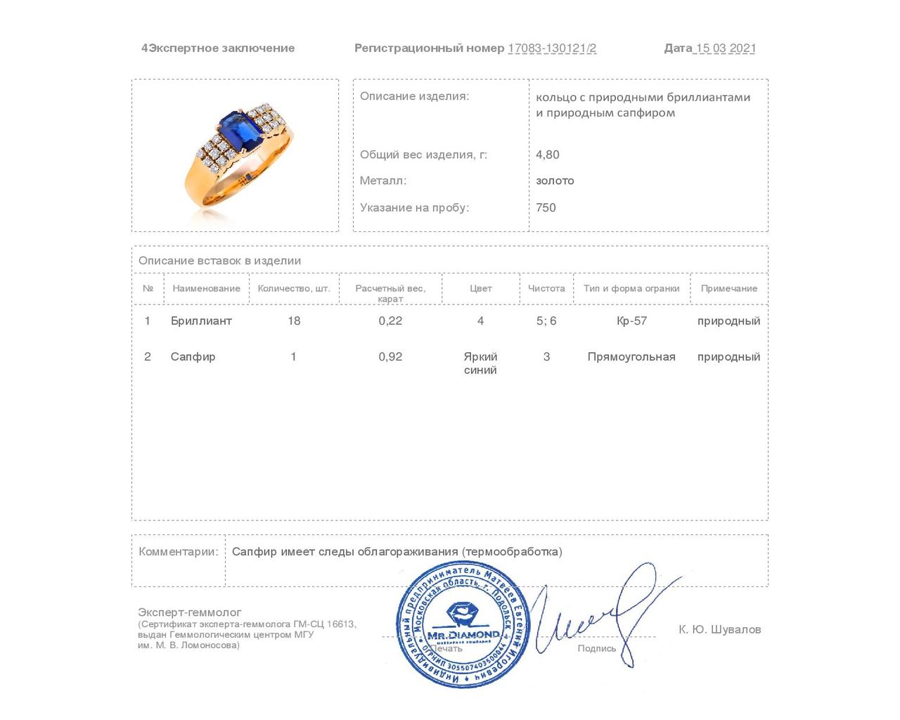 Прелестное золотое кольцо с сапфиром 0.92ct