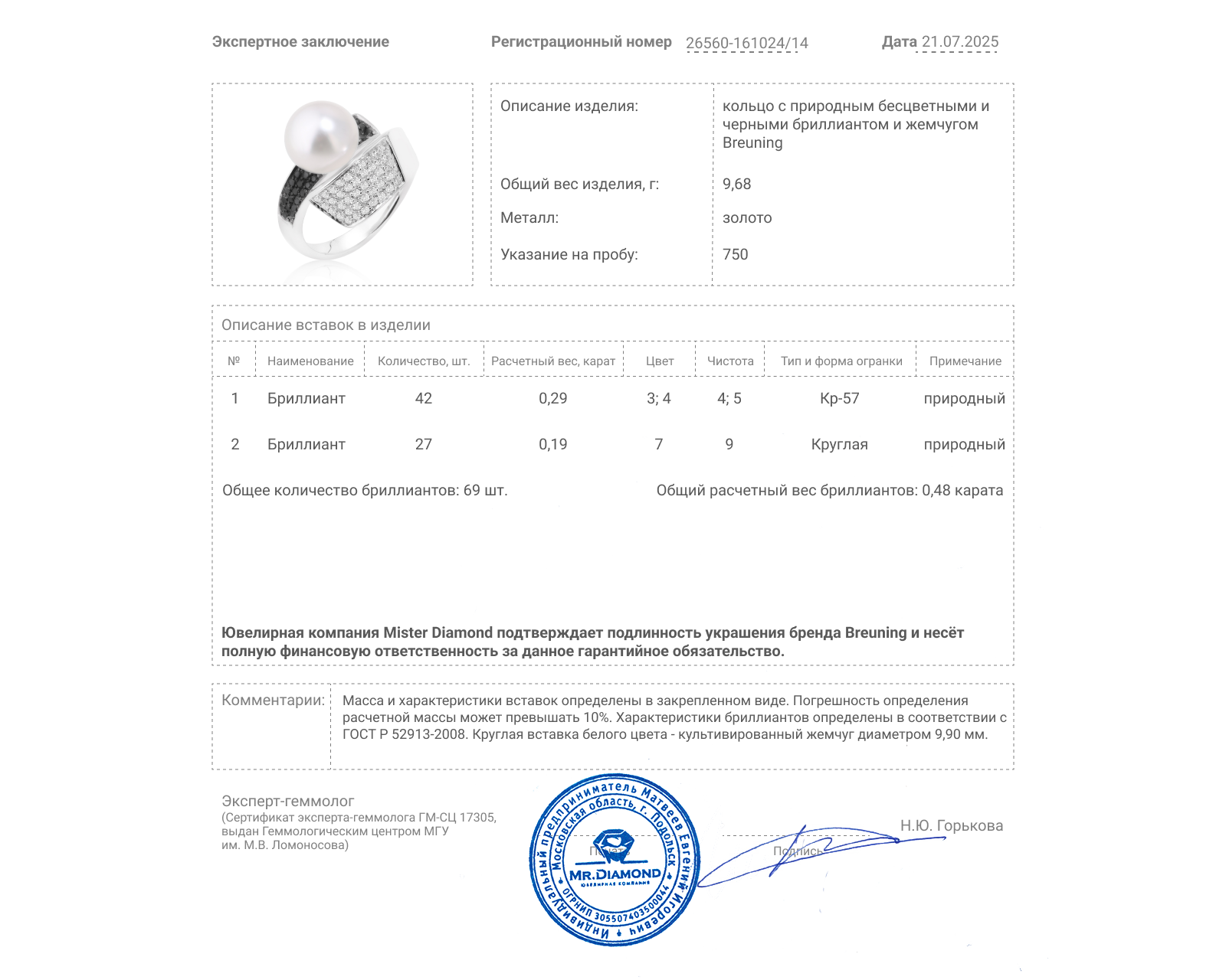 Оригинальное золотое кольцо с жемчугом 9.90 мм Breuning