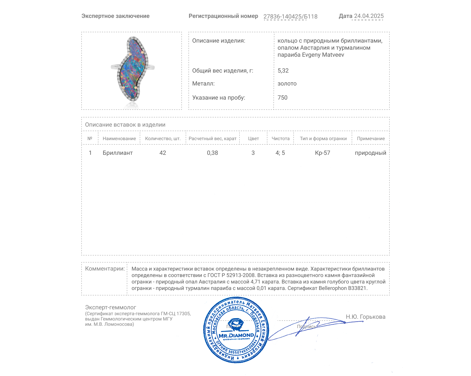 Золотое кольцо с опалом Австралия 4.71ct Evgeny Matveev