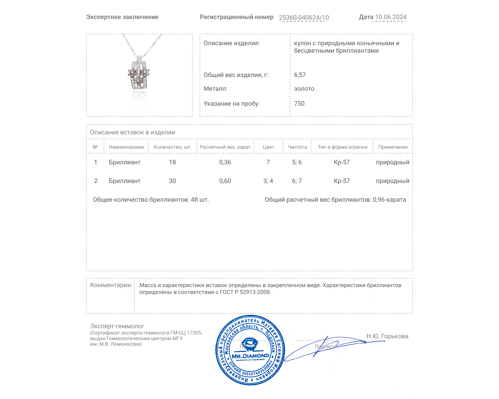 Золотой кулон с бриллиантами 0.96ct