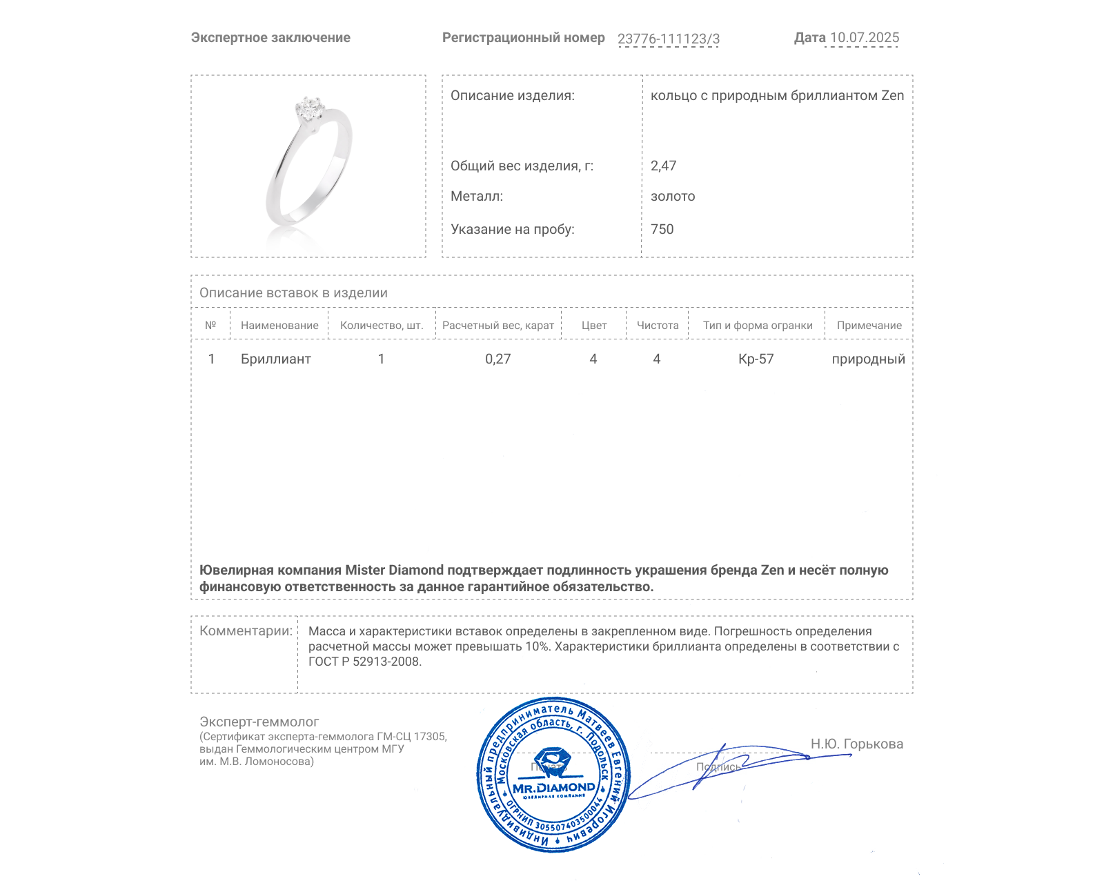Оригинальное золотое кольцо с бриллиантом 0.27ct Zen