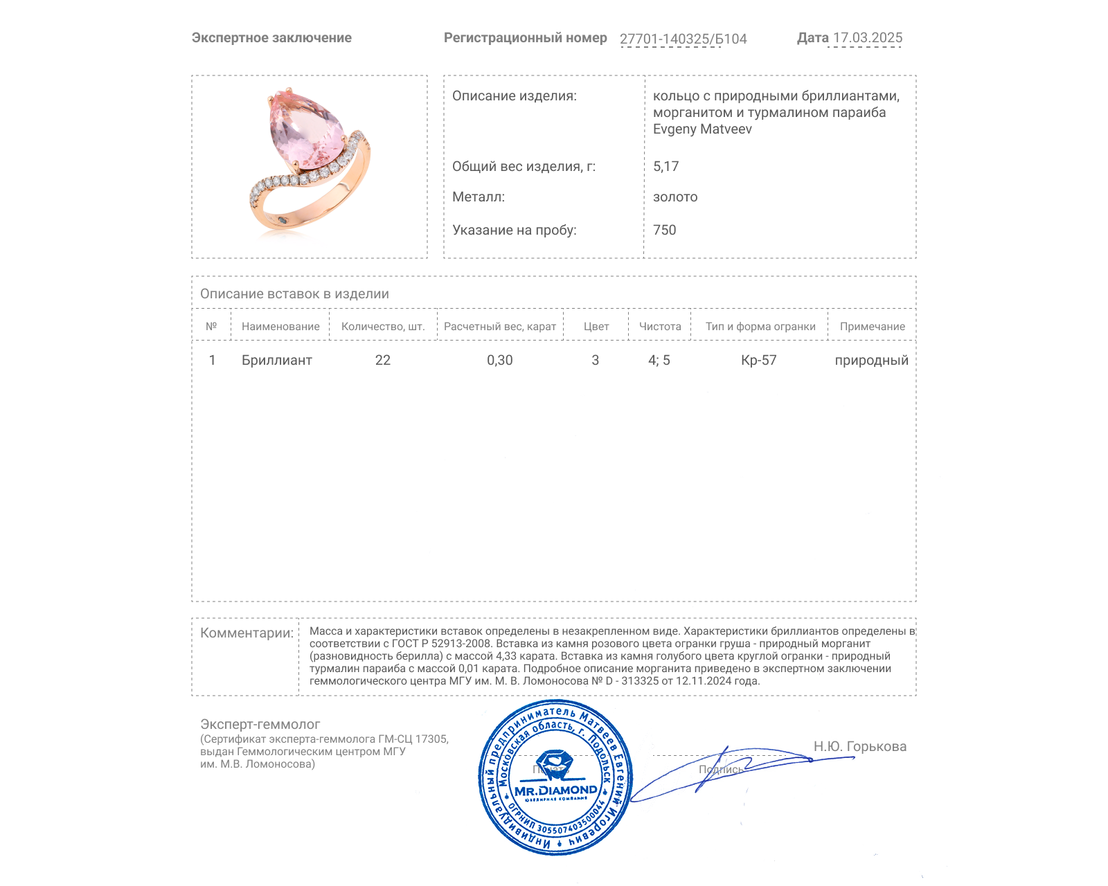 Золотое кольцо с морганитом 4.33ct Evgeny Matveev