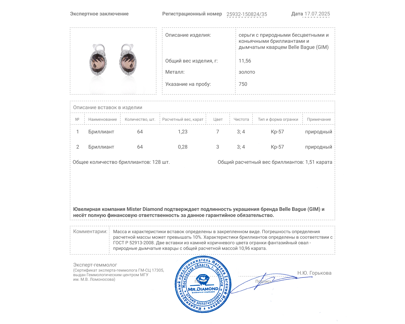 Оригинальные золотые серьги с кварцем 10.96ct Belle Bague (GIM)