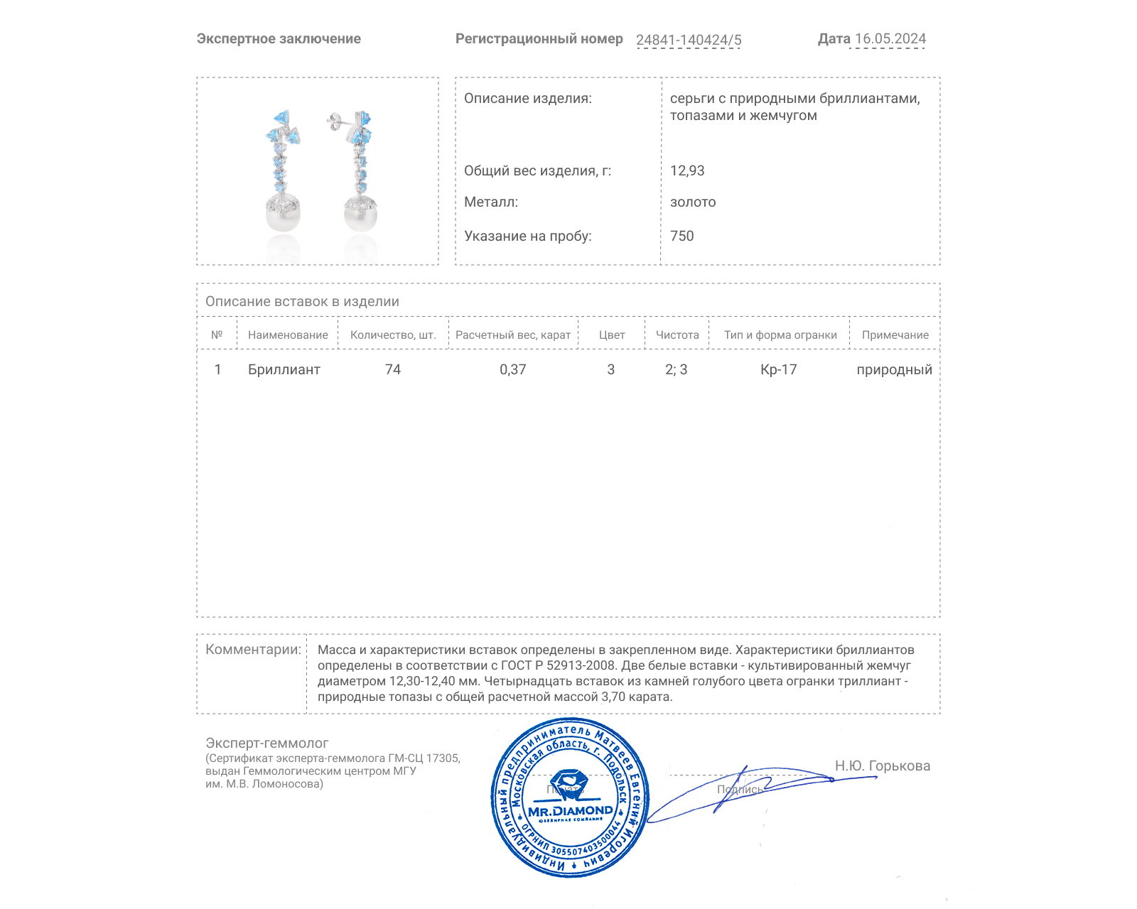 Золотые серьги с жемчугом и топазами 3.70ct